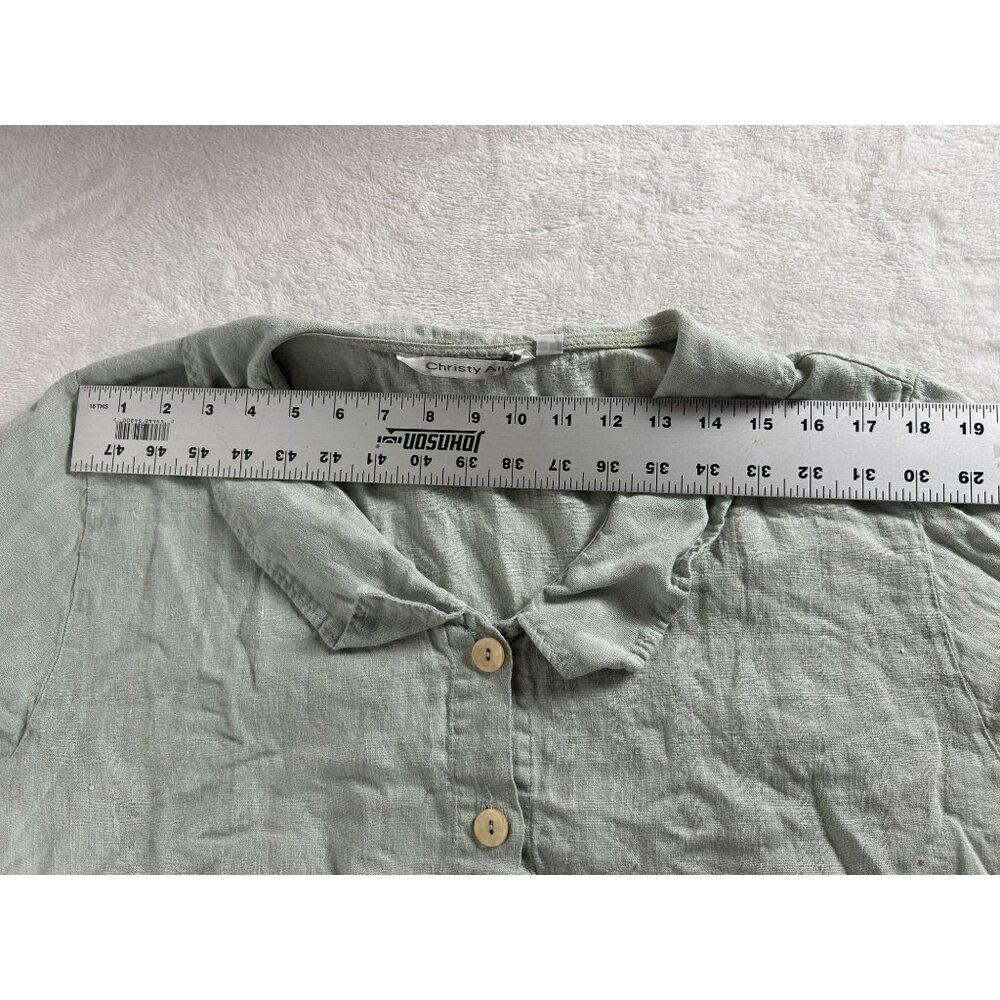 Christy Allen Womens Sage Green Linen Button-Down Blouse Large Short Sleeve Top View 6